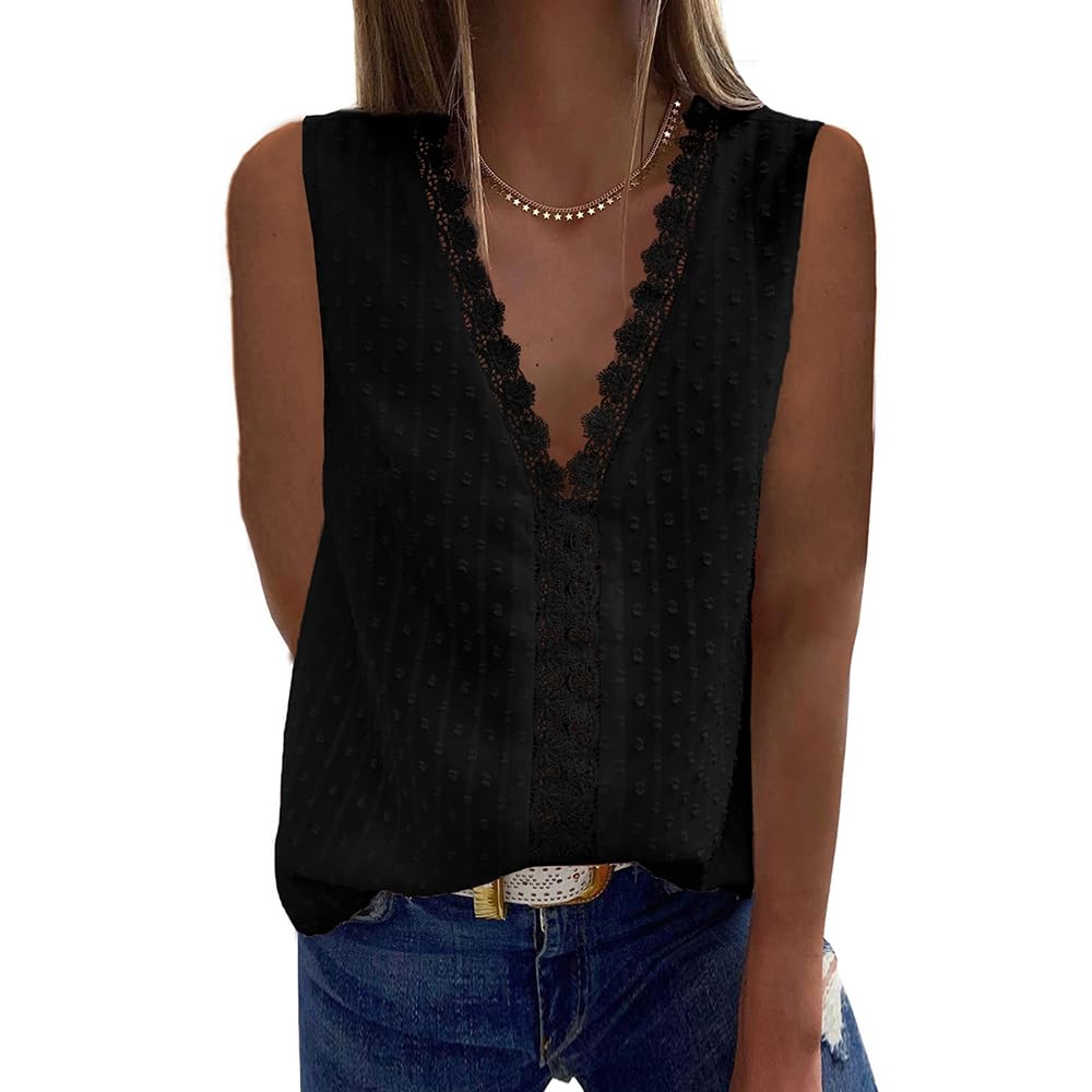 Bipily Camiseta para Mujer Blusa de Encaje con Cuello en V de Gasa Sin Mangas Elegante y Básica Color Sólido Chaleco Tops