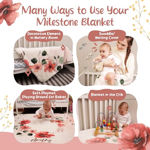 Image of KooKooBaby Monthly Baby Milestone Blanket, 47 inchx47 inch Premium Fleece Baby Milestone Blanket with Felt Marker, Floral Blush