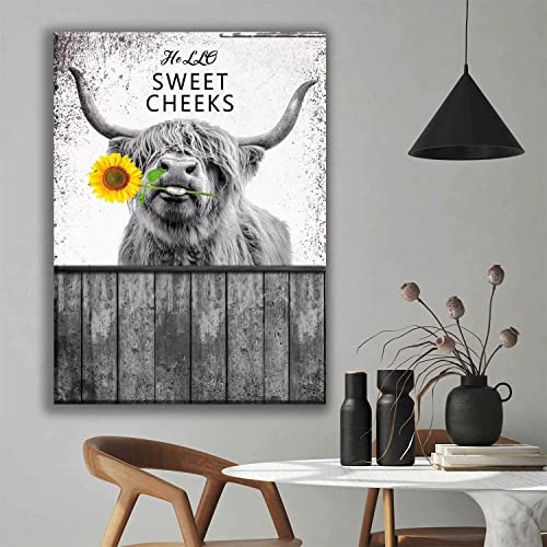 Highland Cow Wall Art, Cow Pictures Wall Decor, Black And White Rustic Highland Cow With Sunflower Pictures For Wall Decor, 12X16 Inch Framed Ready To Hang, Farmhouse Highland Cow Canvas Wall Art Decor Poster For Bathroom Living Room Bedroom Wall Art Decor #TOP5