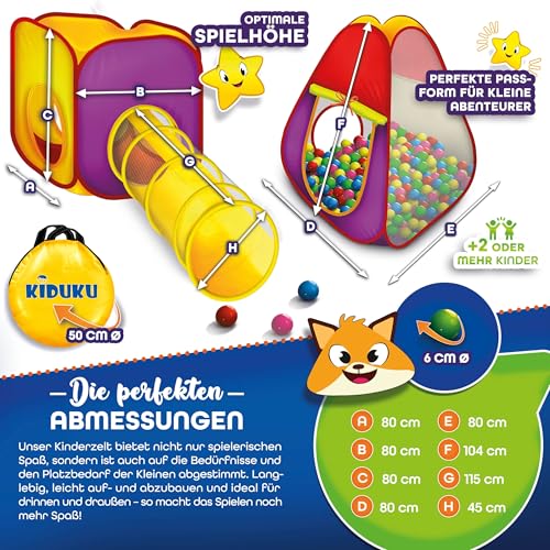 KIDUKU® 3-teiliges Bällebad Spielzelt Babyzelt + Krabbeltunnel + 200 Bälle + Tasche für drinnen und draußen
