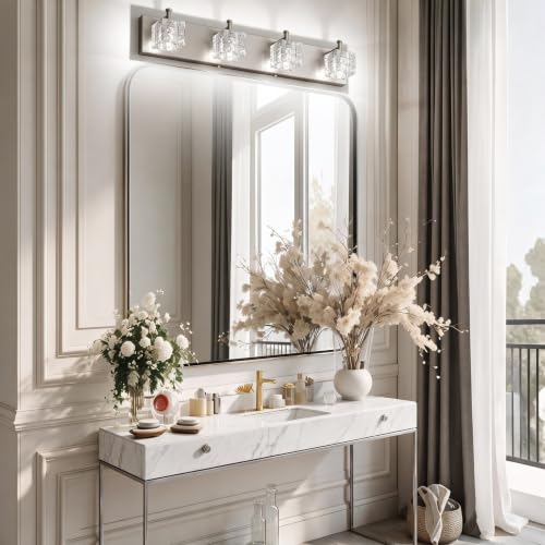 Image of Ralbay Crystal Bathroom Vanity Light Brushed Nickel 4 Light Modern Bathroom Wall Lighting Fixtures Over Mirror