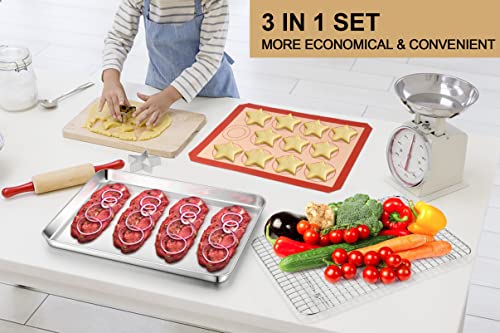 Teamfar Baking Sheet, 16’’ X 12’’ X 1’’ Stainless Steel Baking Cookie Sheet Pan With Cooling Rack & Silicone Mat Set For Oven, Non-Toxic & Healthy, Dishwasher Safe & Easy Clean – Set Of 3 #TOP6
