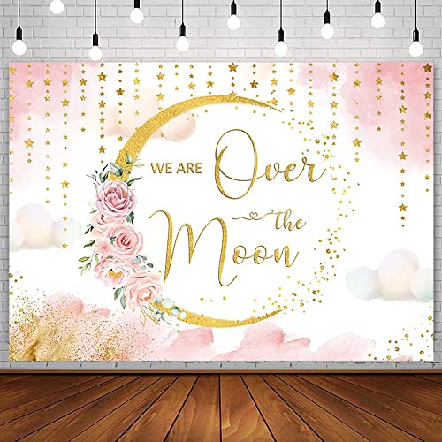 AIBIIN 7x5ft We are Over The Moon Baby Shower Backdrop Moon and Stars Blush Pink Watercolor Floral Celestial Baby Shower Photography Background Oh Baby Shower Party Decorations Photoshoot Studio Props