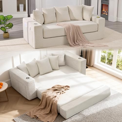 FASADI 76' Convertible Sofa Bed, 2-in-1 Boneless Sleeper Sofa with Cup Holder & Pocket, Corduroy Pull Out Couch with 5 Pillows, Couch Bed for Living Room, Small Spaces, Bedroom, No Assembly