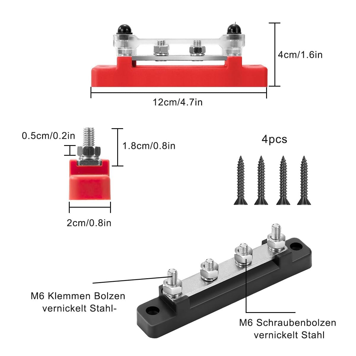 Alrens 2 sztuki szyn zbiorczych 12 V-48 V DC, blok rozdzielczy, szyna zbiorcza 150 A, blok rozdzielaczy 2-drożny z bolcem łączącym M6, do samochodów osobowych, ciężarowych, jachtów, czerwony, czarny,
