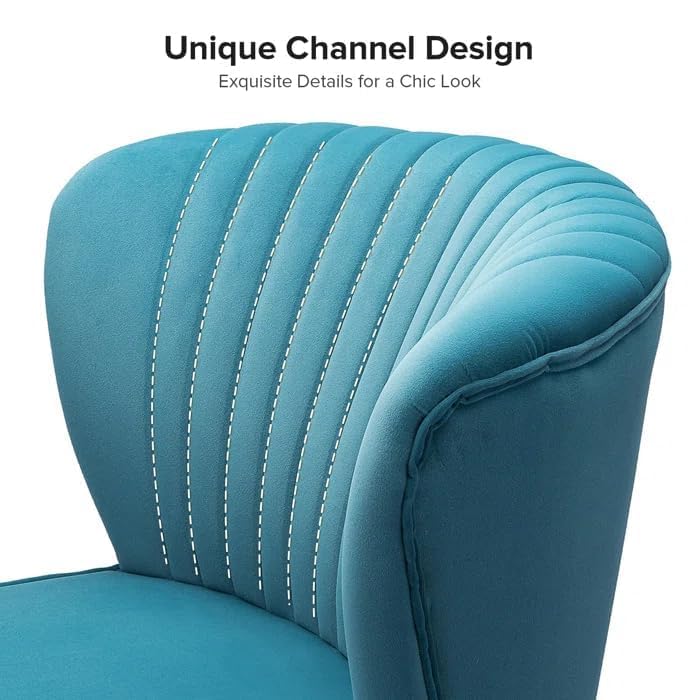 Image of Modern Upholstered Accent Velvet Chair Single Seater Channel Tufted Wing Back Chair with Golden Matel Legs for Living Room, Bedroom, Dining Room, Blue