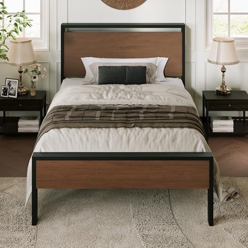Image of Allewie Twin Size Bed Frame, Heavy Duty 12 Metal Slats Support, Walnut | Wooden Headboard and Footboard, Modern Platform Bed, No Box Spring Needed, Under-Bed Storage, Noise Free, Easy Assembly