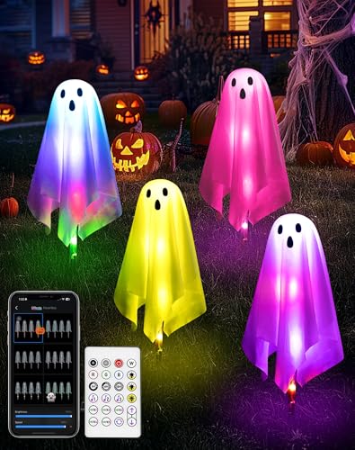 4Packs Halloween Decorations Outdoor Ghost Pathway Lights,Light Up Ghost Decor