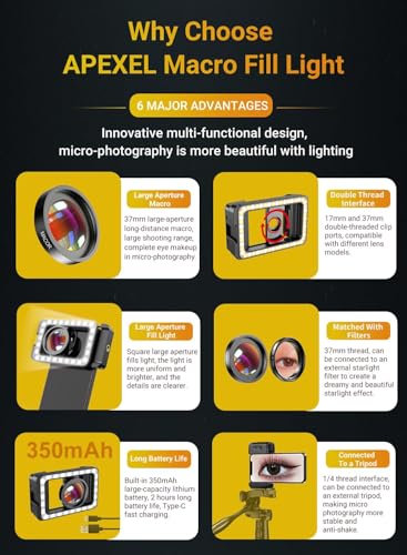 APEXEL 15X Macro Lens for iPhone with LED Fill Light, Samsung, Android Phone, with Universal Lens Clip Attachment (Fits for Almost Smartphone)