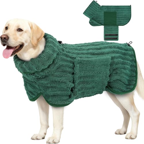 Woiil Hundebademantel aus Mikrofaser, Ultra Saugfähiger Bademantel Hund, Mit Klettverschluss Und Verstellbarem Gummizug, Maschinenwaschbar, Geeignet Für Große, Mittlere Und Kleine Hunde, Grün(L)