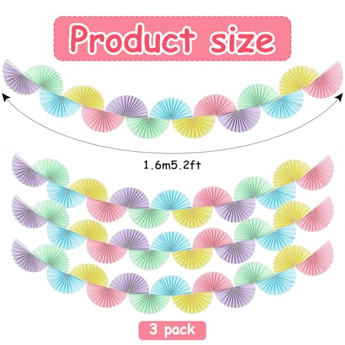 Image of 3 Pack Wedding Paper Fans Garland 15.6ft Colorful Background Ceiling Hanging Decorations Paper Garland Decorations Set for Birthday Party Supplies 3D Bachelorette Party Decorations (Pastel)