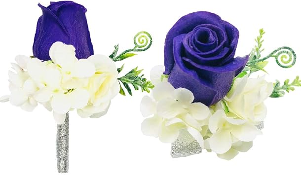 Abbie Home Prom Corsage Boutonniere Set Rose Flower Pin Wristlet for Party Blue Purple