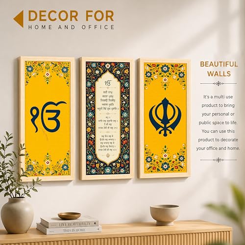 Image of Sikh Wall Art Painting for Living Room, Ik Onkar Mantra, Set of 3 Vastu Wall Art for Home Decor for Living Room, Bedroom, Hallways, Office, Hotel (Size-24x48 cm)