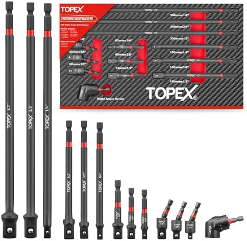 TOPEX 13Pcs Drill Socket Adapter Set, Heavy Duty Impact Grade Socket Extensions, 1/4" Hex Shank Adapter Drill Nut Driver Include 3 Rotatable Impact Socket Adapters & 105° Angle Screwdriver Drill Bit
