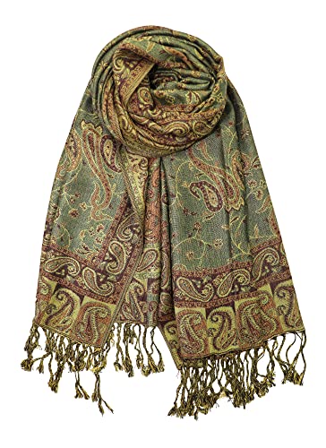 Achillea Soft Silky Reversible Paisley Pashmina Shawl Wrap Scarf w/ Fringes 80" x 28" (Sage Green)