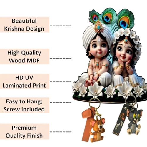 Image of Cute Radha and Krishna Wall-Mounted Key Holder, Decorative MDF Wood, 20x25 cm, 7 Hooks, UV Printed Design, Decorative Wooden Key Stand - Home & Office White & Black