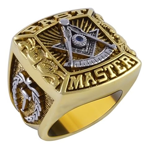UNIQABLE Handmade Past Master Masonic Blue Stone Ring Yellow Version 18K Gold Pld BR-16 (12.5) Cover