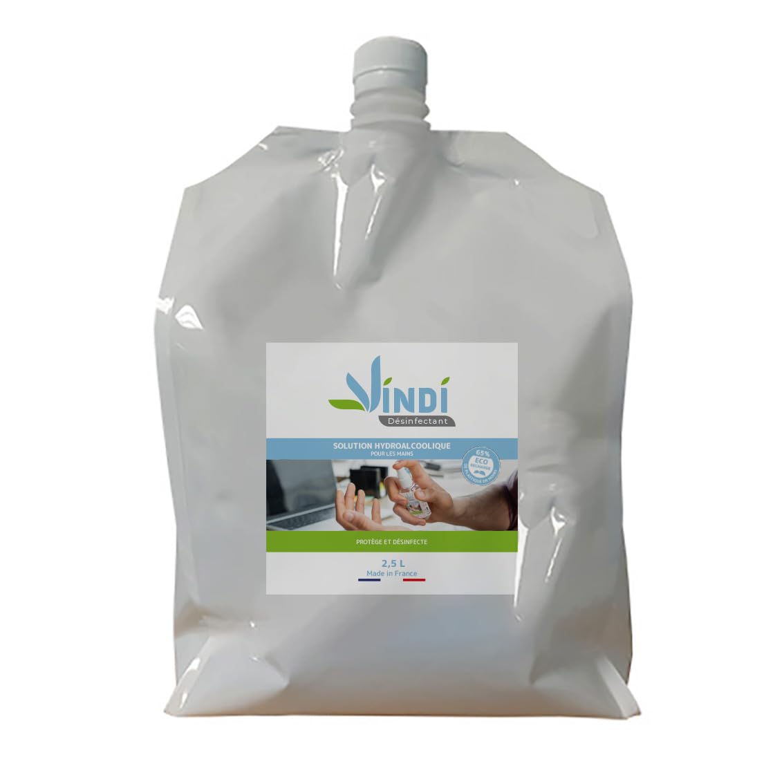 Vindi Désinfectant solution hydroalcoolique - Bidon-écorecharge de 2,5L - Fabrication Française - 76% d'alcool - Désinfection des mains et des surfaces - Virucide