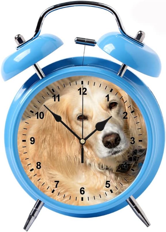 Reloj despertador infantil Color azul Puntero silencioso Relojes doble campana noche luz dormitorio decoración decoración del hogar reloj despertador adulto Golden Retriever en piso de madera marrón