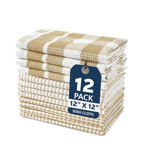 Image of LANE LINEN 100% Cotton Kitchen Dish Cloths, Ultra Soft Absorbent Quick Drying Dish Towels, Multiweave Wash Cloths Dish Towel Sets, 12x12 Inches, 12 Pack - Beige