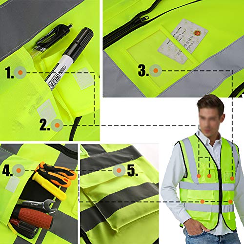 Yoweshop High Visibility Safety Vest Custom Your Logo Protective Workwear 5 Pockets With Reflective Strips Outdoor Work Vest (Neon Yellow (L)) #TOP6