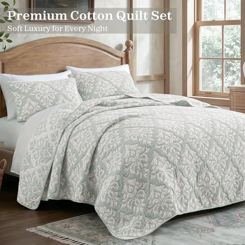 Exclusivo Mezcla Cotton Quilts King Size Sage Green, Soft Lightweight Bedspread Breathable Prewashed Bed Coverlet with 2 Pillow Shams, Boho Pattern Yarn Dyed Muslin Quilt Bedding Set for All Seasons — view 2