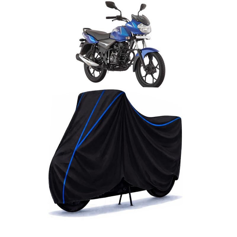 Image of Bajaj Discover 110 Bike Cover Water Resistant Universal Motorcycle Rain | Heavy Duty UV Protection, Dust, Scratch Indoor Outdoor All Weather with Black Blue Piping Elastic