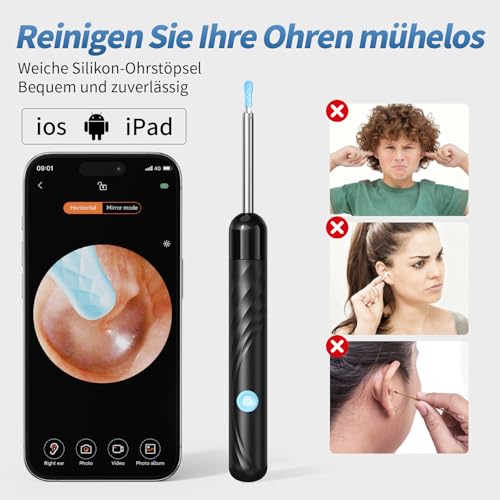 Qimic Ohrenschmalz Entferner Otoskop, WiFi Ohrreiniger, IP67 Wasserdicht und 360°-Weitwinkel Otoskop Kamera mit 6 LEDs für Erwachsene, Kinder und Haustier, Schwarz