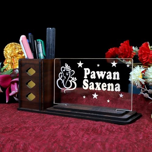 Image of Desk Organizer with LED Name Lamp | Customized Gift for Men, Women, Teachers, Doctors, Dad, Husband | Pen Holder, Table Lamp | Personalized Birthday Gift | Office Organizer - Large Plate