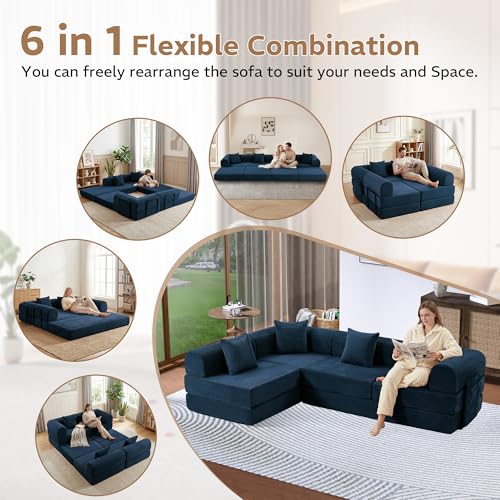 Image of 142 inch 7-in-1 Convertible Modular Sectional Sofa Bed, Blue | Corduroy Fabric, Reinforced Frame, Deep Seat, Storage Bag, Tool-free Assembly for Living Room