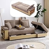 Roockky Convertible Sofa Bed, 85' Folding Sectional Sleeper Sofa with Storage Ottoman, Drawers, Built-in Bookshelves and 2 Cup Holders, Linen (Brown)