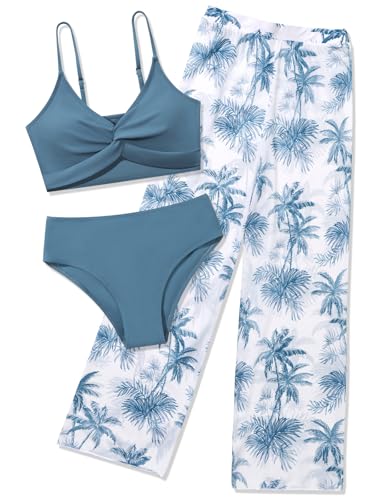 ESHOO Girls Swimsuit 3 Piece Bikini Bathing Suit Criss Cross Tropical Floral Swimwear Quick Dry Cover Up Pants 9-16Y
