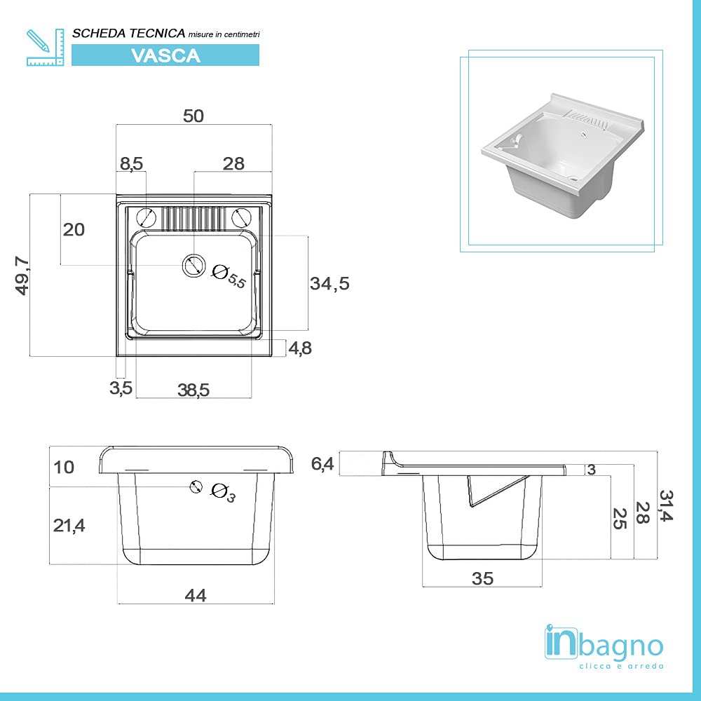 Inbagno Mobile lavatoio da Esterno 50x50 in Resina, Include ASSE lavapanni e Kit di Scarico, in Kit di Montaggio