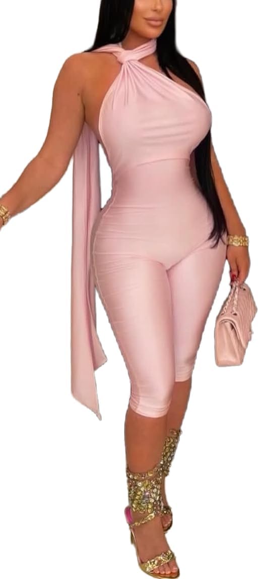 Women Sexy One Piece Outfits Sleeveless Halter Neck Backless Bodycon Jumpsuit Party Club Romper