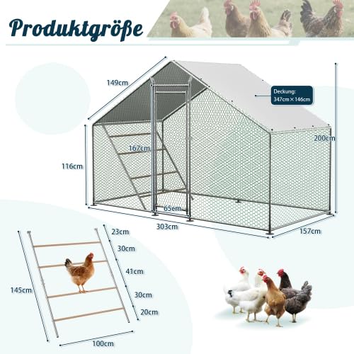 Recinto libre 3 x 1,57 m, gallinero, gallinero, pequeño animal, aviario para pollos, patos, conejos, con escalera, tubos de acero reforzados de 1 mm, candado de seguridad y lona impermeable de