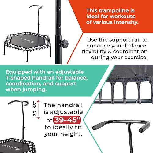 Image of Upper bounce Mini Workout Trampoline Adjustable tshaped handrail - Hexagonal rebounder Trampoline Kids & Adults - Fitness Recreational Trampolines, Supports up 220lbs. (Black, 40 Inches)