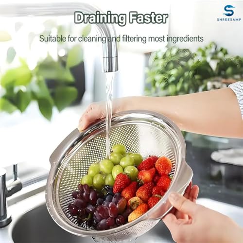 Image of Multipurpose Stainless Steel Bowl Colander Strainer Drainer With Handle For Fruits Rice, Vegetable, Noodles Grains Washing Filter Basket For Kitchen Bowl Storing And Straining Silver, Medium