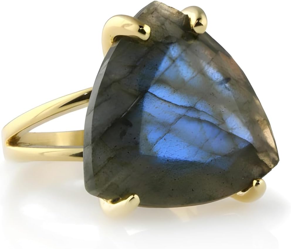 Fascinating Trillion Labradorite Ring - 14k Yellow Gold Ring for Fashion, Engagement, Wedding, Statement - Handmade Gemstone Jewelry for Women - Customizable Jewelry for Her
