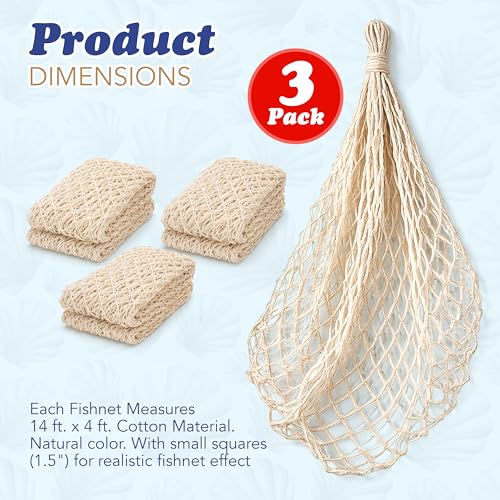 Image of 4E's Novelty Fish Net Decorative - Pack of 3 - Natural Cotton Fishnet Decor - Each 14 x 4 feet - for Mermaid Party Decorations, Luau Tropical Nautical Beach Table Cover