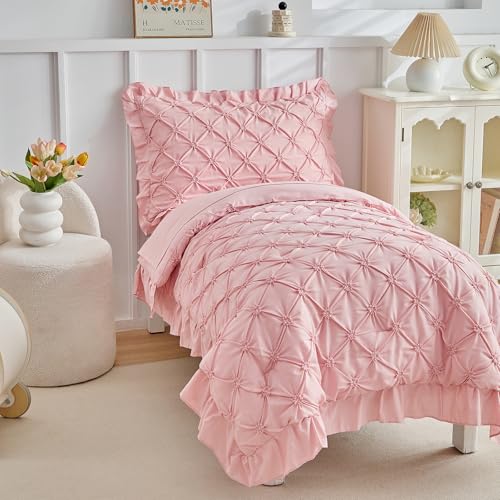 Image of DuShow Princess Toddler Bedding Set for Girls,4 Pieces Ruffles Toddler Bed Set,Ultra Soft Kids Pink Sheet Set Includes Comforter,Flat Sheet,Fitted Sheet and Pillowcase
