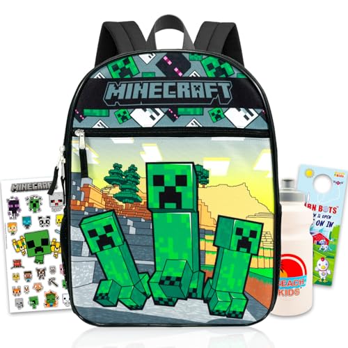 Minecraft Mochila para meninos de 6 a 8 anos - Pacote com bolsa escolar Creeper de 41 cm, garrafa de água, adesivos, mais | Conjunto de mochila escolar Minecraft para crianças, meninos