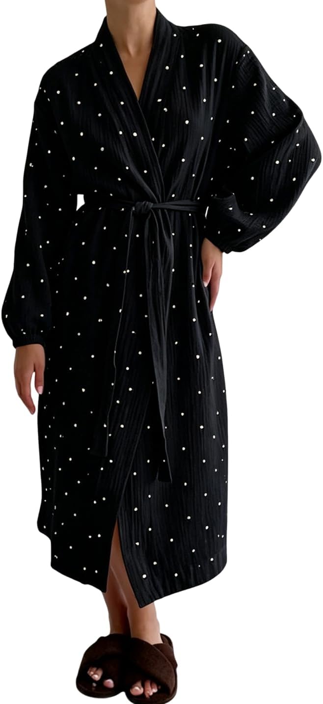 codcm Womens Polka Dot Robe Long Sleeve Lightweight Midi Bathrobe with Belt