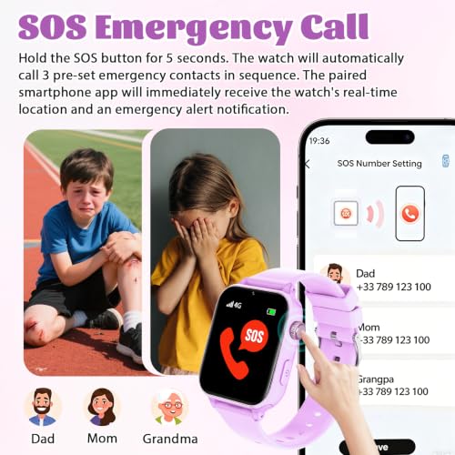 Image of 4G Kids Smart Watch for Boys Girls with GPS Tracker, SOS, Two Way Call Video Calling Voice Chat,School Mode, Alarm Clock,Safe Zones,Pedometer,Stopwatch,Games Children Smartwatch for 4-12 (4G Purple)