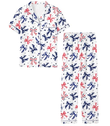 Umeyda Pajamas for Girls Satin Silky Pjs Sets 4th of July Loungewear 2 Pcs Soft Button Down Sleepwear for Mom and Me Star Bow 9-10 Years = Tag 150