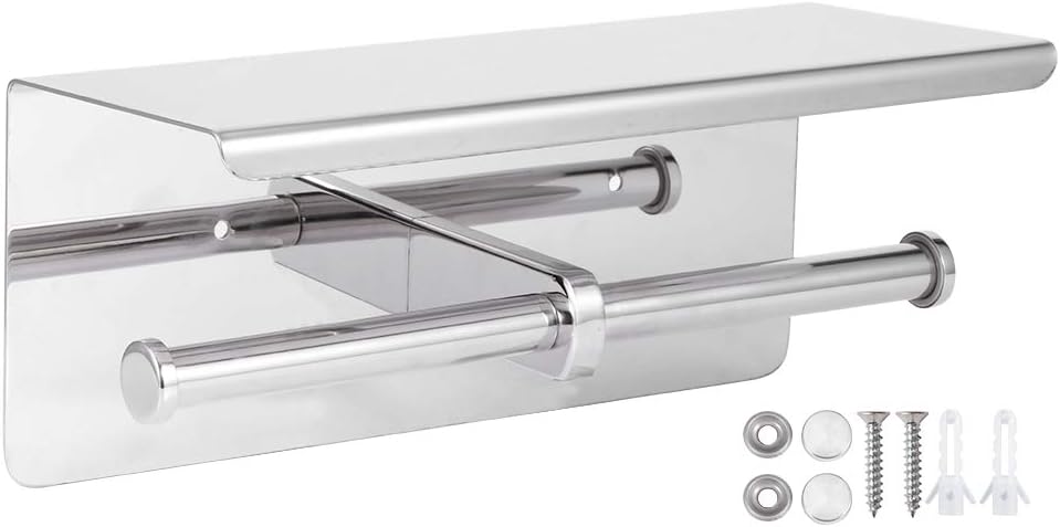 Double Toilet Paper Holder Stainless Steel, Wall - Mounted Roll Storage Shelf with Phone Tray, Modern Bathroom Accessory for Home and Commercial Use