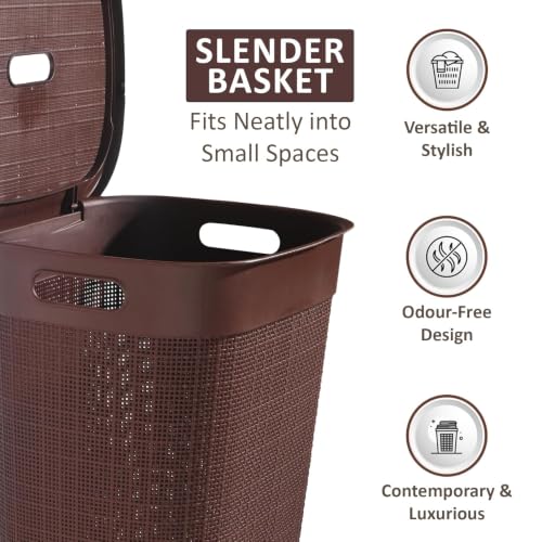 Image of 70 Ltr Plastic Big Laundry Basket for Clothes with Lid & Carry Handles | Lightweight & Ventilated Design Cloth Basket - Ideal for Home Organization and Storage | Brown