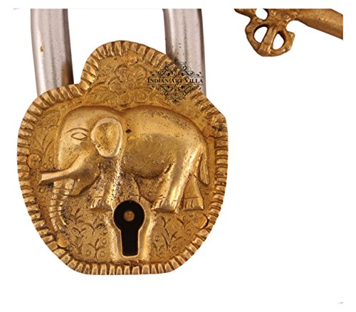 Image of Indian Art Villa Handmade Old Vintage Style Antique Elephant Design Brass Security Lock with 2 Keys|Home Temple Office
