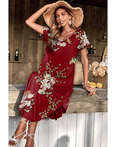 Image of Ekouaer Long Nightgowns for Women Short Sleeve House Dress with Pockets V Neck Sleepshirts Side Split Sleepwear S-4XL