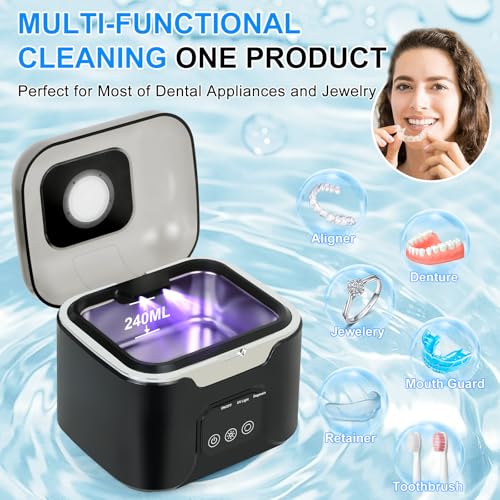 Image of PIGETALE Ultrasonic Retainer Cleaner Machine 48kHz, 240ML, 24W, 3 Modes | Dental Cleaning Pod Denture Mouth Guard Aligner Night Guard Braces Toothbrush Heads Jewelry UV Cleaner with Digital Timer