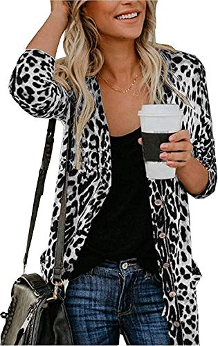 Open Front Cardigan Shirt for Women Sexy Leopard Cardigans Lightweight Button Cardigans Shirts White 2XL